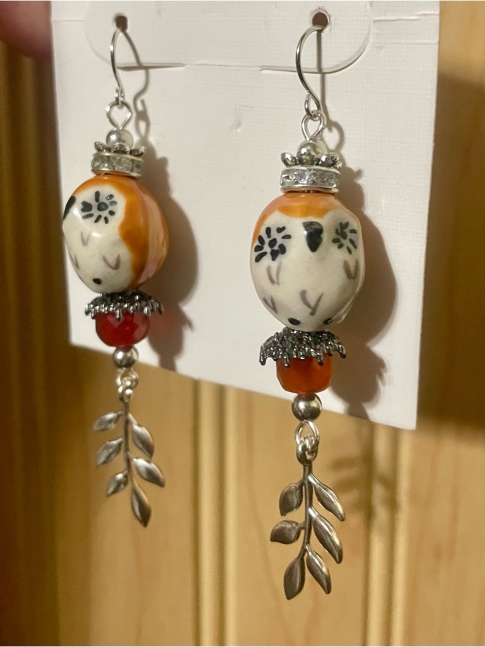 Hand-Crafted Orange and Cream Owl Dangle Earrings